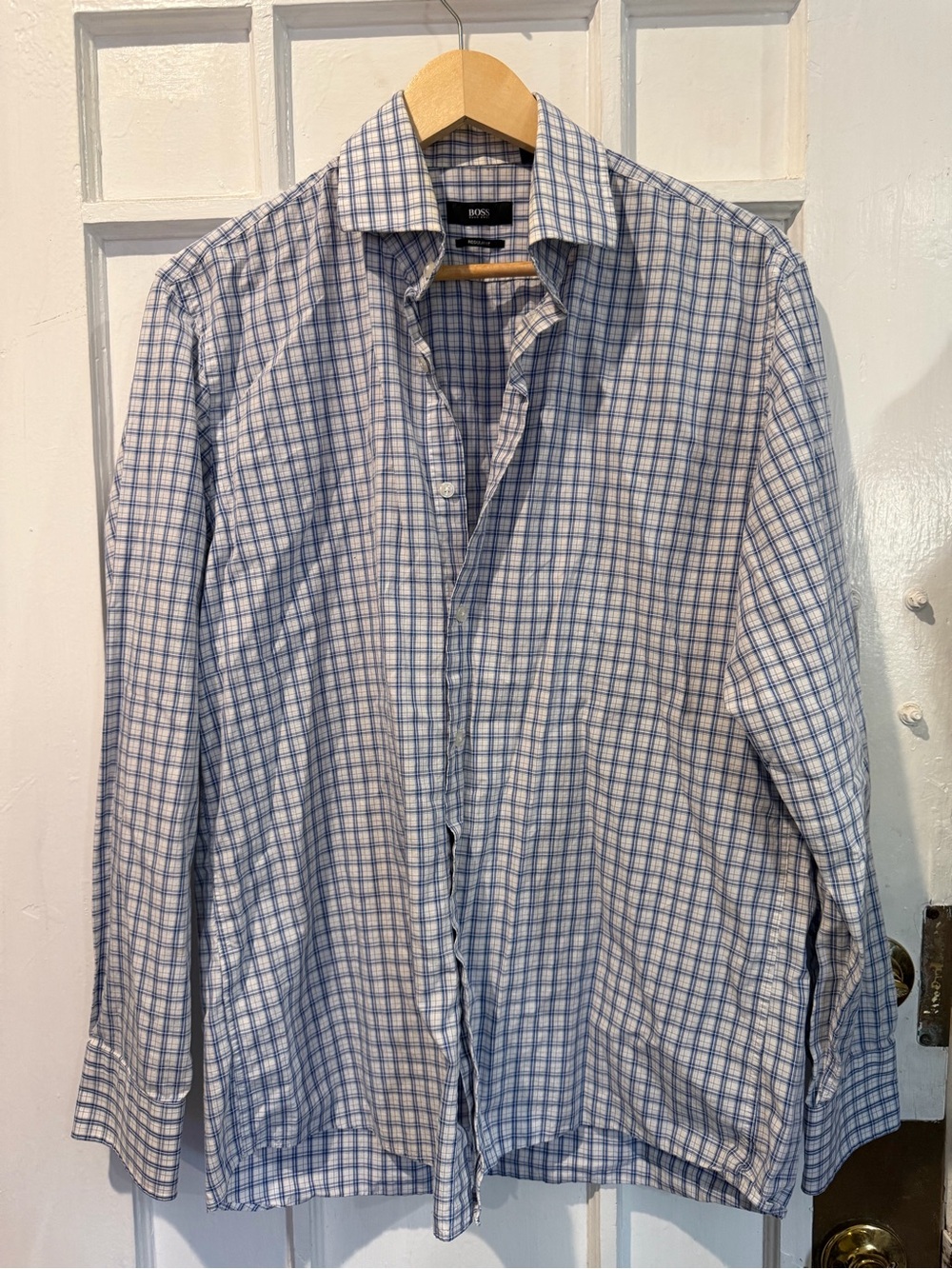 Hugo Boss Blue and White Checked Button-Down Shirt